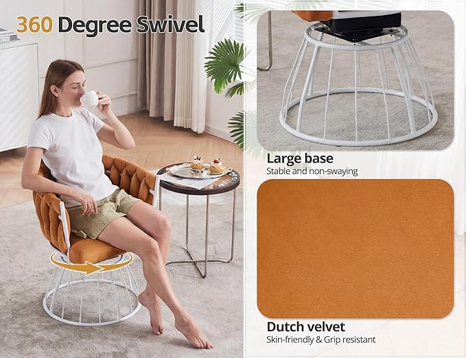 Mistpeople Swivel Weave Accent Chair Velour Upholstered Modern Chair with Woven Tufted Backrest for Living Room Bedroom Vanity Orange