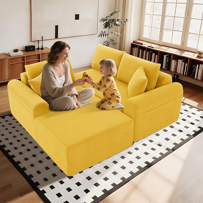 KBQ Modular Sectional Couch in a Box 103 L Shaped Boneless Cloud Couch with Deep Seat Convertible Sofa Bed for Living Room Bedroom Apartments No Assembly Required Yellow Right Facing Chaise