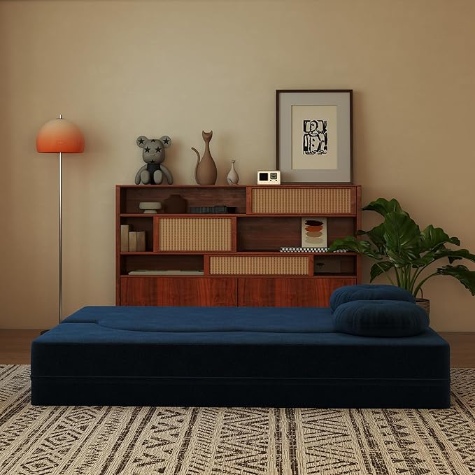 76 Plush Corduroy Convertible Sleeper Sofa Bed Modern Loveseat Sofa with 2 Pillows Compression Couch with Folding Mattress for Living Spaces Blue