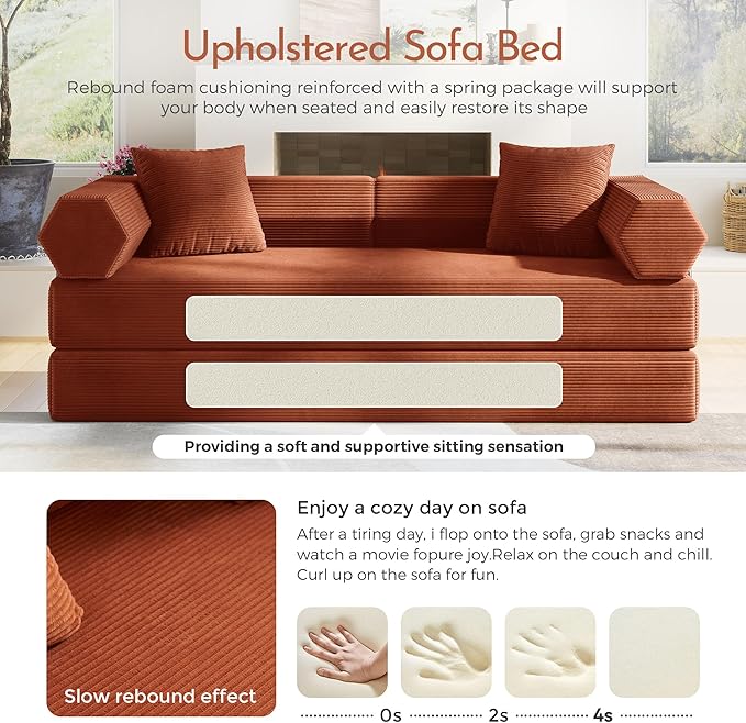 79'' Convertible Sofa Bed 5-in-1 Folding Sleeper Couch with Pull Out Bed Corduroy Modular Floor Sofa No Assembly Space Saving Guest Bed for Living Room Apartment Bedroom (Orange1) | Convertible Sof