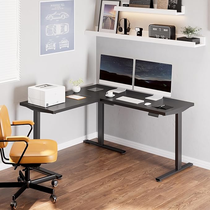 FLEXISPOT L Shaped Standing Desk 63 x 55 Inch Electric Height Adjustable Corner Desk Sit Stand Computer Workstation Preset Controller Home Office Black Frame with Black Top