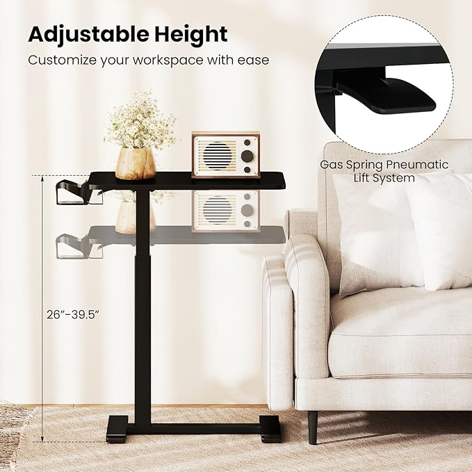 GOFLAME Rolling Standing Desk C Shaped End Table Adjustable Height with Hidden Wheels Cup Holder &amp Headphone Hook Mobile Sofa Couch Bed Side Table for Living Room Home Office (Black)