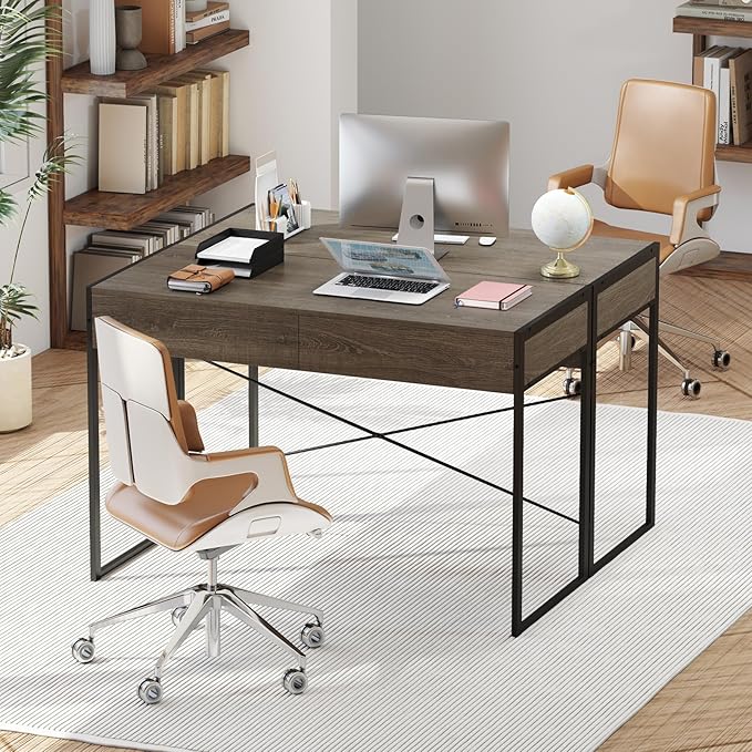 GOFLAME Modern 2-Drawer Computer Desk Home Office Desk w/Reinforced Heavy-Duty Metal Frame Versatile Study Writing Desk w/Anti-Tip Kit Ideal for Study Office Small Spaces (Wash Grey)