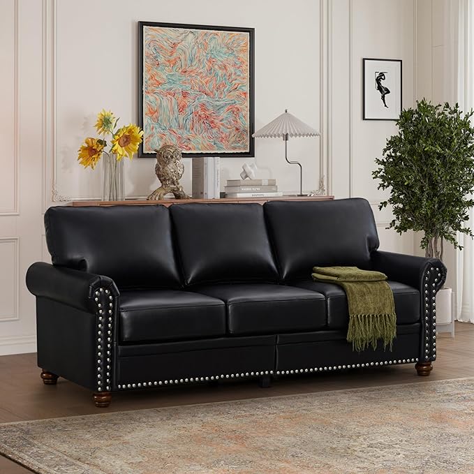 KEIKI 82.68 Chesterfield Sofa Retro Style Upholstered Faux Leather PU Couch with Storage Space Rolled Arm Nailhead for Living Room Bedroom Office Apartment Black