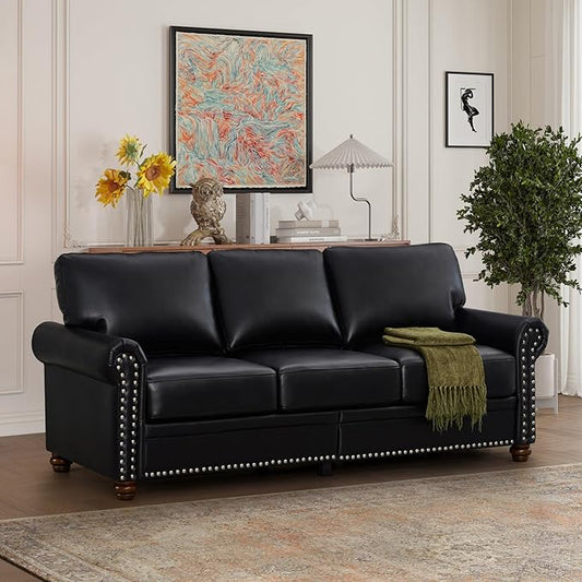 KEIKI 82.68 Chesterfield Sofa Retro Style Upholstered Faux Leather PU Couch with Storage Space Rolled Arm Nailhead for Living Room Bedroom Office Apartment Black