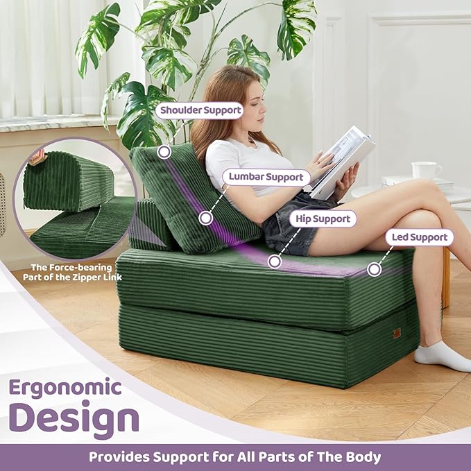Folding Sofa Bed3-in-1 Convertible Sleeper Chair Corduroy High-Density Foam with PillowFold Out Chair BedFoldable Single Futon Chair for Living Room、HotelSingle Emerald Green
