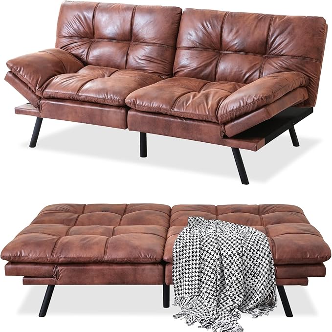 MUUEGM Faux Leather Futon Bed Convertible Memory Foam Sofa Bed Modern Love Seat for Living RoomCompact SpaceApartmentOfficeAdjustable Backrests Armrests Couch Sleeper71 Sofas Brown
