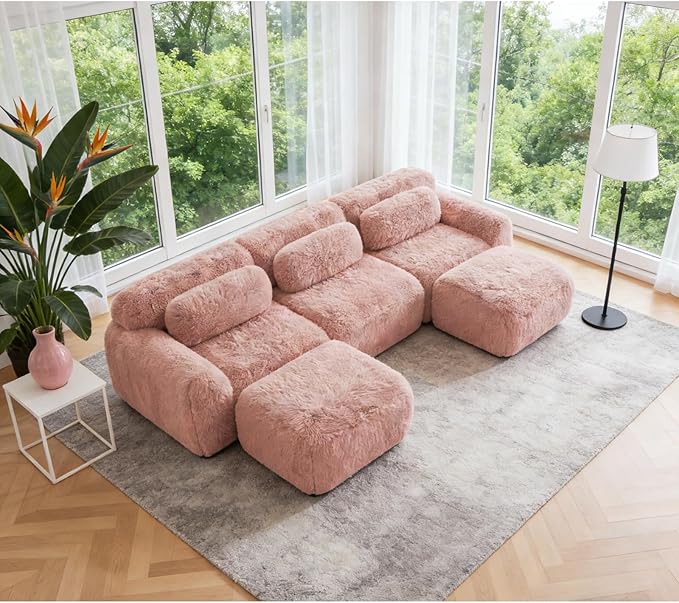 114.7 Modular Boneless Sofa Modern Sectional Couch U-Shape Boneless Couch for Living Room Apartments Bedroom 32D High Density Sponge Lounge Sofa No Assembly Required Pink