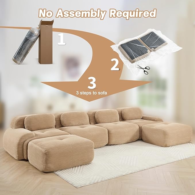 152.7 U-Shaped Cloud Couch Modular Sectional Sofa - Boneless Deep Seat 4-Seater with 2 Movable Ottomans No Assembly Corduroy Upholstery Couches for Living Room (Camel)