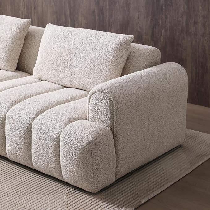 Modern Couch Sofa for Living Room Oversized Sectional Sofa 4-Seater Comfy Teddy Velvet Upholstered Couch Lounge Sofa for Apartment Small Space Beige Sofa Couch