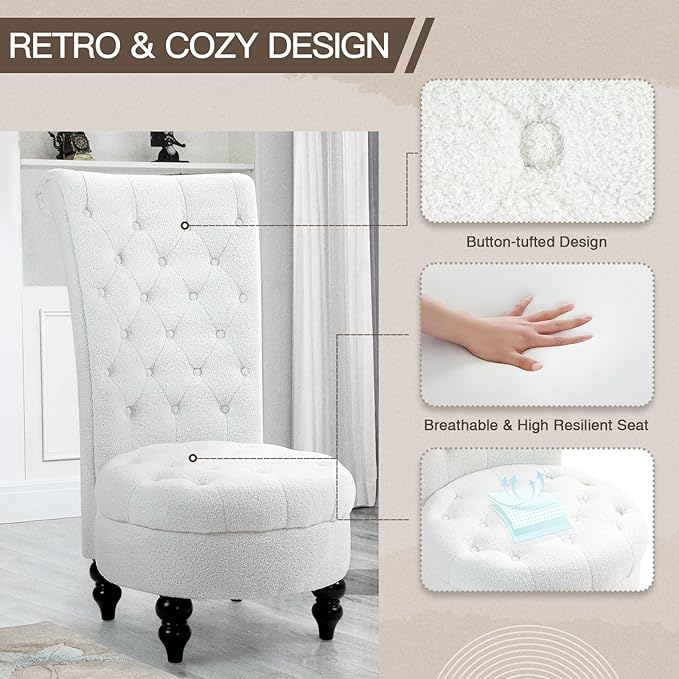 AVAWING Teddy Fleece Throne Royal Chair Set of 1 for Living Room Button-Tufted Armless High Back Chair with 24.6 Inch Large Seat Thick Padding and Rubberwood Legs White