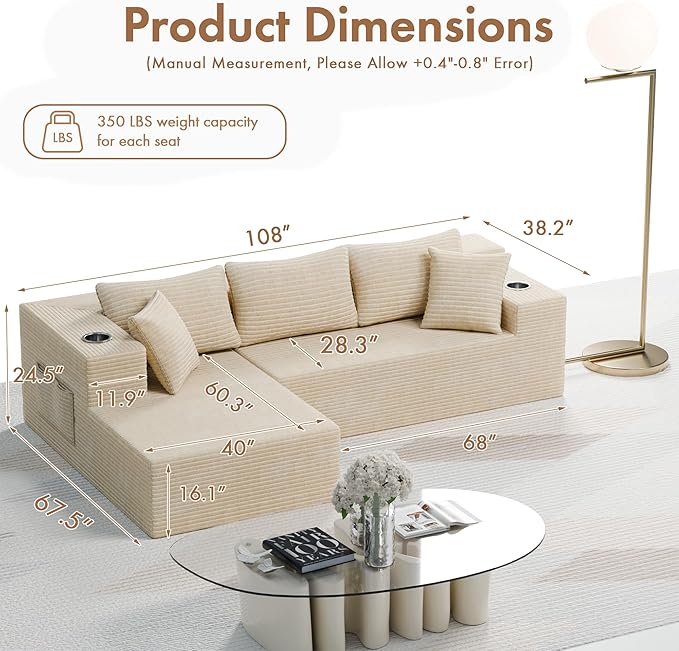 Realbear 108 Cloud Sectional Couch Sofa with L-Shape Chaise Modular Sectional Couch with Deep Seat for Living Room Bedroom No Assembly Required (Beige 108 Left Facing Chaise)