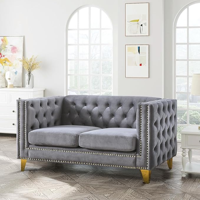 58-Inch Velvet Loveseat Sofa Comfy Couch for Living Room Modern Sofa with Tufted Back and Rivet Decoration Upholstered Small Love Seat with Solid Golden Metal Tapered Legs Grey