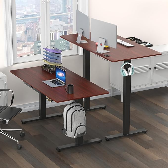 SHW 55 x 28 Inches Electric Height Adjustable Standing Desk with Drawer and Memory Preset Cherry