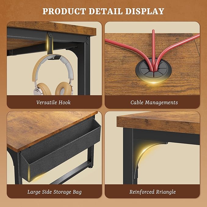 Computer Desk with 0.95 Inch Thicker Desktop &amp Monitor Stand &amp Storage Bag Office Desk with Power Outlets Gaming Desk with LED Light Writing Desk for Home Office Study Bedroom Brown