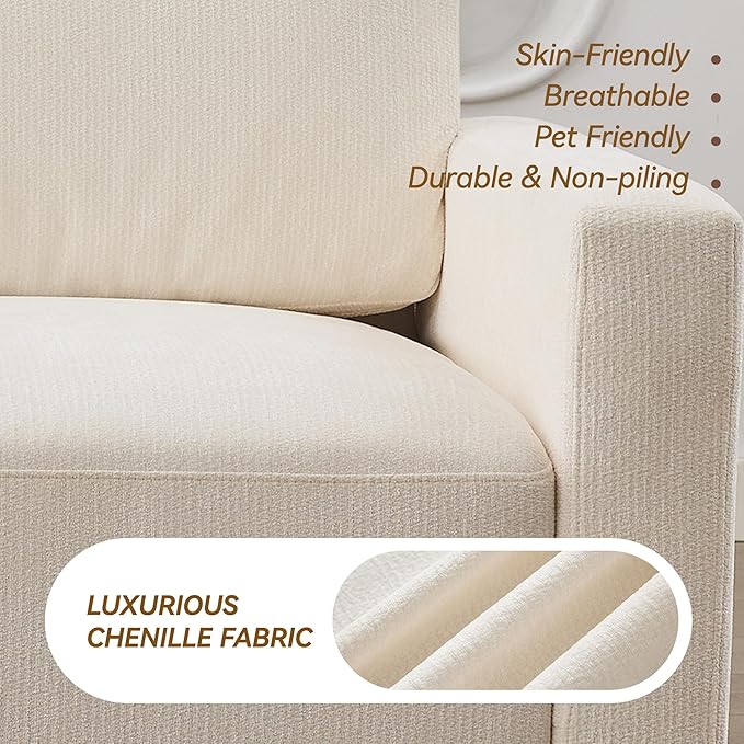 44.2 Chenille Oversized Chair with Movable Ottoman Modular 1 Seat Couch with Thickened Cushions Modern Single Sofa Chaise Lounge Reading Chair for Living Room Small Apartment White
