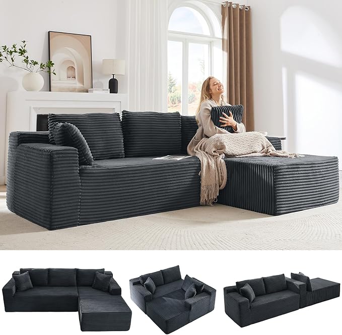 103 L-Shape Cloud Couch with ChaiseUpholstered Corduroy Modular Sectional Sofa Deep Seat Couch with Free Combination for Living Room &amp ApartmentNo Assembly Required(Dark GreyRight Facing Chai