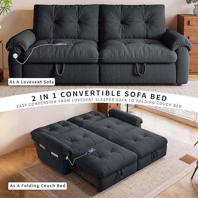 77 Pull Out Sofa Bed Velvet Convertible Sleeper Couch Loveseat Chaise Lounge with Side Pockets and USB Pullout Futon Sofa Bed for Living Room Bedroom Small Spaces RV (Grey)