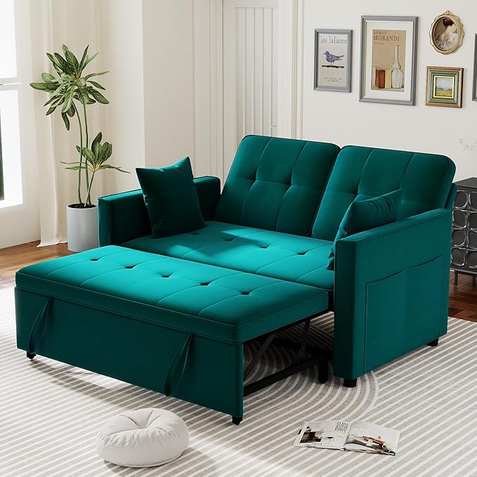 Pull Out Sofa Bed: 56 Green 3 in 1 Convertible Sleeper Sofa Bed Velvet Loveseat Sleeper Couch with Storage Comfy Futon Couch Beds for Living Room | Velvet