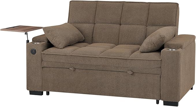 Eafurn Convertible Sleeper Sofa Bed with 360° Swivel Table &amp USB Ports Tufted Chenille Loveseat Pull-Out Couch with Storage Armrest &amp Cup Holders 6-Level Adjustable Backrest