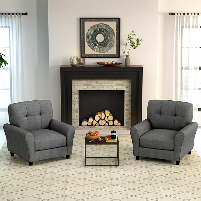 Giantex Modern Mid-Century Accent Chair Set of 2 - Linen Living Room Chair with Tufted Back 7 Thick Cushion Max Load 400 lbs Upholstered Armchair Club Chair for Bedroom Grey