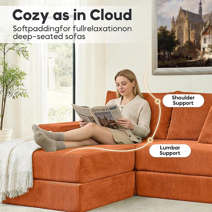 L Shaped Modular Sofa Bed with Ottoman Corduroy Folding Floor Convertible Sofa Couch Bed Boneless Combination Design Loveseat Sleeper Couch with Non Slip Base for Living Room Orange