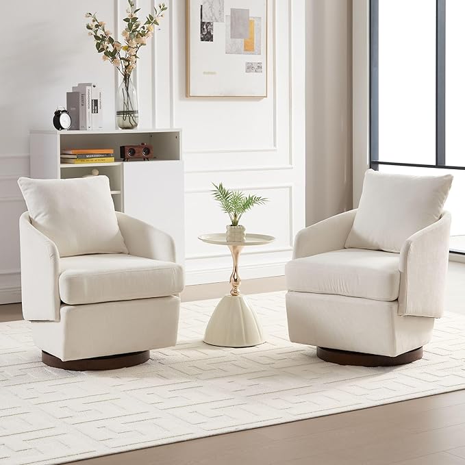 Beige Swivel Accent Chair Set of 2Comfy 360-Degree Swivel Barrel Chair with Back Pillow Living Room Bedroom Accent Arm Chairs Small Modern Upholstered Single Office Club Sofa ChairChenille