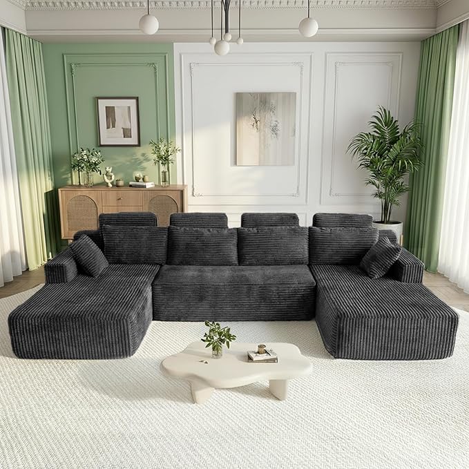 134 Boneless Couch for Living Room Oversized U Shaped Modular Cloud Sofa with Deep Seat Ergonomic Memory Foam Sleeper Chair Comfy Fluffy Corduroy Sectional Couches No Assembly Grey