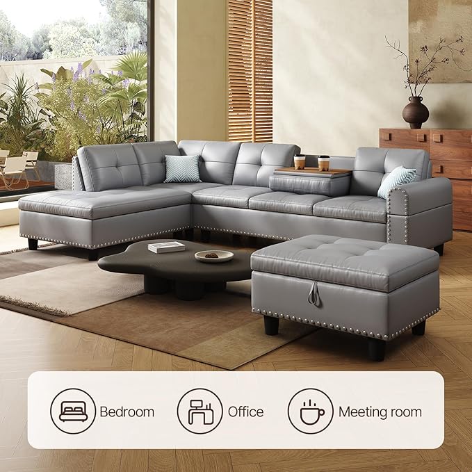 97.5 Oversized Sectional Couch L Shaped Couchwith Storage Ottoman Modern Modular Sofa withDeep Seat Sectional Couches for Living Room andOffice Faux Leather Sofa (Gray 97.5 inch &amp Ottoman)