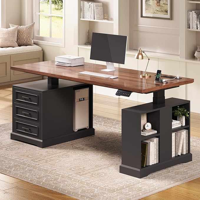 SEDETA Farmhouse Electric Standing Desk 63 Height Adjustable Computer Desk with 3 Drawers Storage Shelves Power Outlets Wood Home Office Stand up Desk for Work Study Writing Black