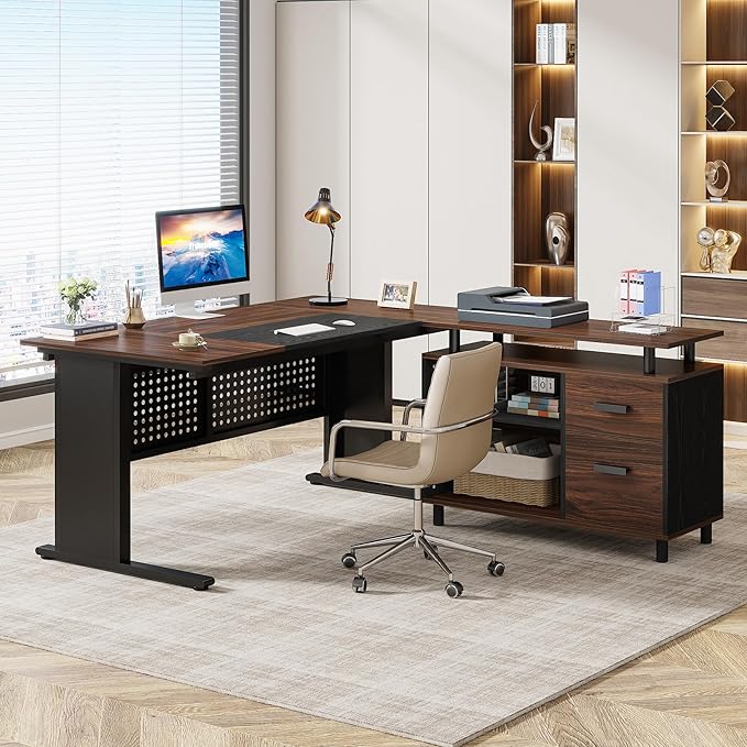 Tribesigns 63 Inch Executive Desk with File Cabinet Large Office Desk L Shaped Computer Desk with Drawers and Storage Shelves Business Furniture Desk for Home Office Dark Walnut and Black