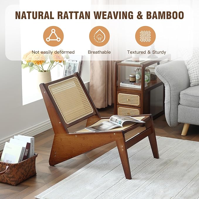 Welnow Mid Century Rattan Accent Chair Bamboo Wood Lounge Chair with Woven Cane Backrest Low Armchair for Living Room Bedroom Balcony or Reading Corner Walnut