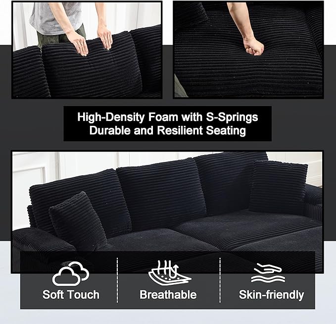 86.6 Sectional Sofa Couch with 2 Ottomans Comfy Corduroy Upholstered Cloud Modular Convertible Couch with Cup Holders and USB Armrest Storage Deep Seat Oversized Loveseat for Living Room (Black)