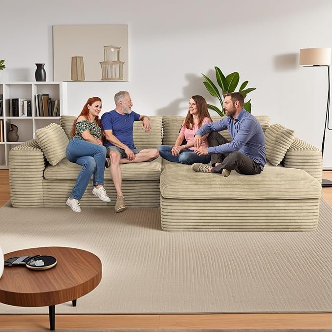 110 Sectional Couches for Living RoomOversized Boneless 3 Seater Cloud L Shaped CouchPlush Corduroy Sofa with OttomanNo Assembly RequiredBeige.