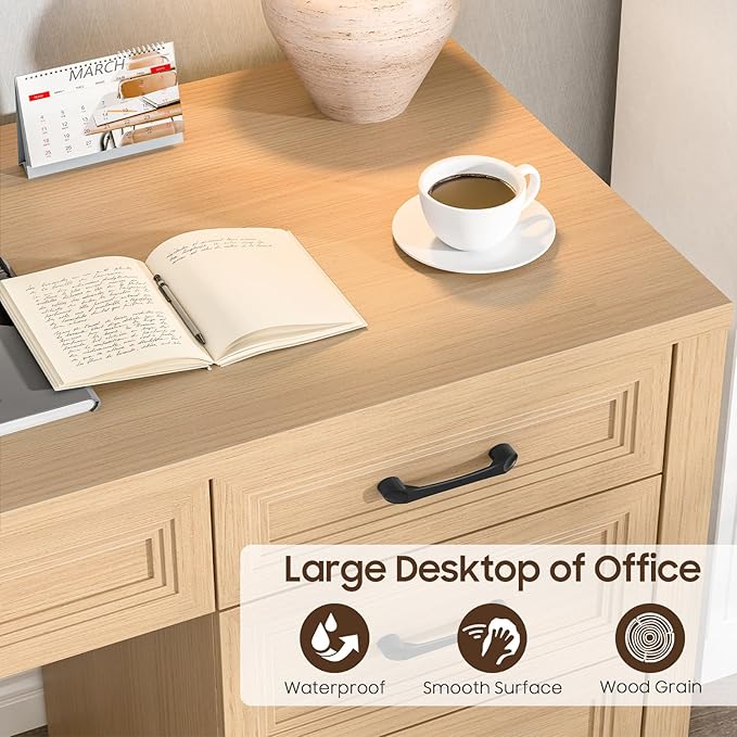 Vabches Farmhouse Executive Desk with Storage and Ample File Drawer Rustic Large Home Writing Desk for Bedroom Natural