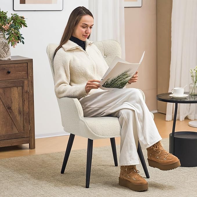 Furniliving Boucle Accent Chair for Living Room Upholstered Reading Chair with High Backrest Tufted-Button Wingback Armchair for Bedroom Dressing Room Home Office Ivory White