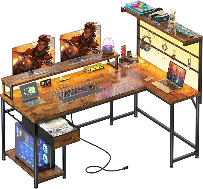 EnHomee 53 Inch Computer Desk with Power OutletGaming Desk with LED LightReversible Office Desk with Hutch &amp Monitor Stand L Shaped Corner Desk with Drawers &amp HooksHome Office Writing Desk