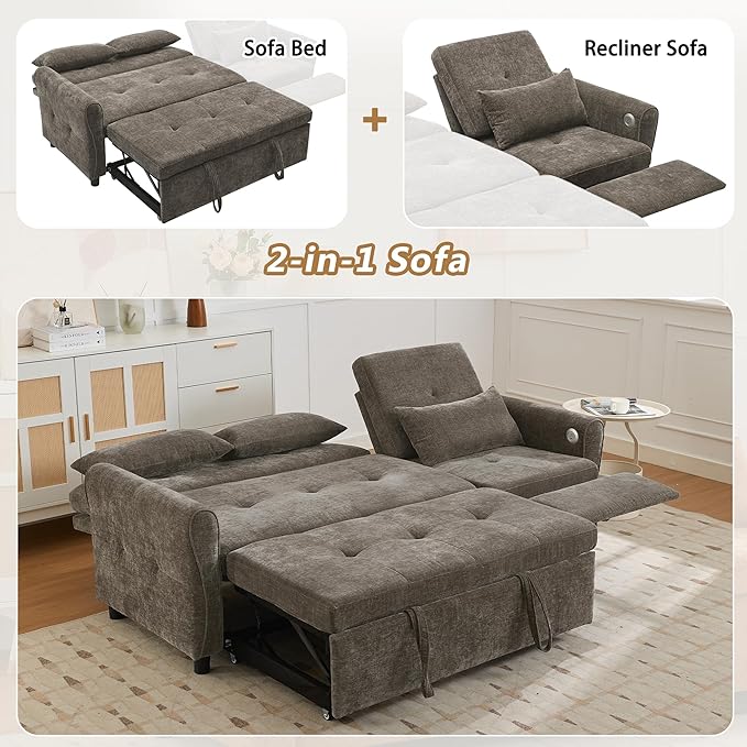 Merax 2-in-1 Convertible Sofa Bed &amp Recliner Sofa 82 3-Seater Sofa Pull-Out Sleeper Sofa 3 Level Adjustable Backrest Reversible Left/Right with USB Charging Ports Easy to Assemble (Dark Gre