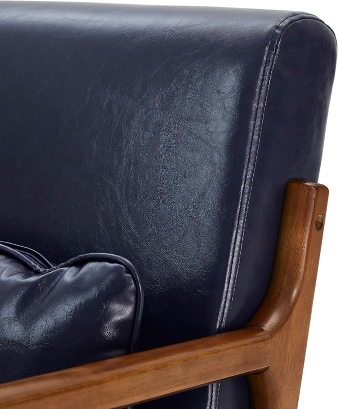 Glitzhome 2 Set Mid Century Navy Blue Accent Armchair Single Reading Armchair PU Leather Lounge Chair with Walnut Ruberwood Frame