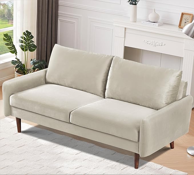 Kent Velvet Sofa for Modern Living Rooms and Compact Spaces Comfy 3 Seater Couch Studio Apartment Furniture with Sleek Design Ivory