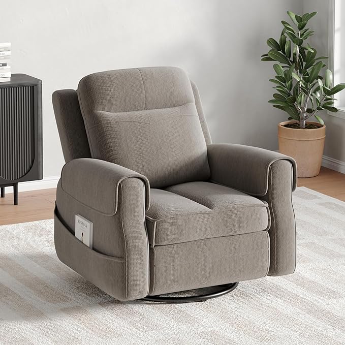 Maupvit Faux Shearling Recliner Chair - 360° Swivel Rocker with Adjustable Footrest and Backrest Plush Upholstered Single Sofa for Small Spaces for Living Room/Nursery/Home Theater (Grey)