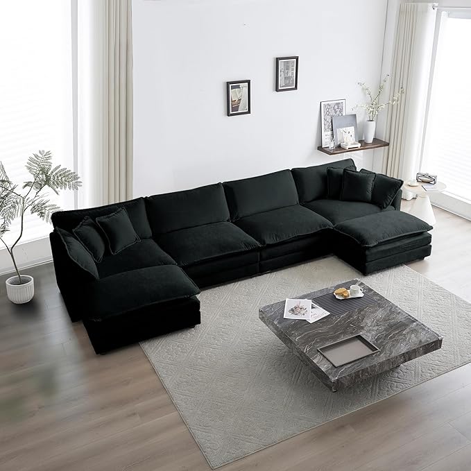 WILLIAMSPACE 146.5 Sectional Sofa Couch for Living Room Modern Upholstered Oversized L-Shaped Sofa with Ottoman &amp Toss Pillows Modular 5 Seat Sofa Furniture for Apartment Chenille Fabric (Blac