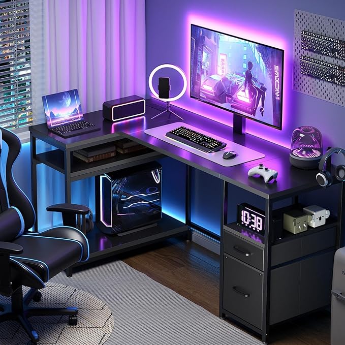 L Shaped Computer Desk with Adjustable Monitor Stand Gaming Desk with Power Outlets Office Desk with Fabric Drawer File Drawer and Hook for Living Room Home Office Black DN03UBB