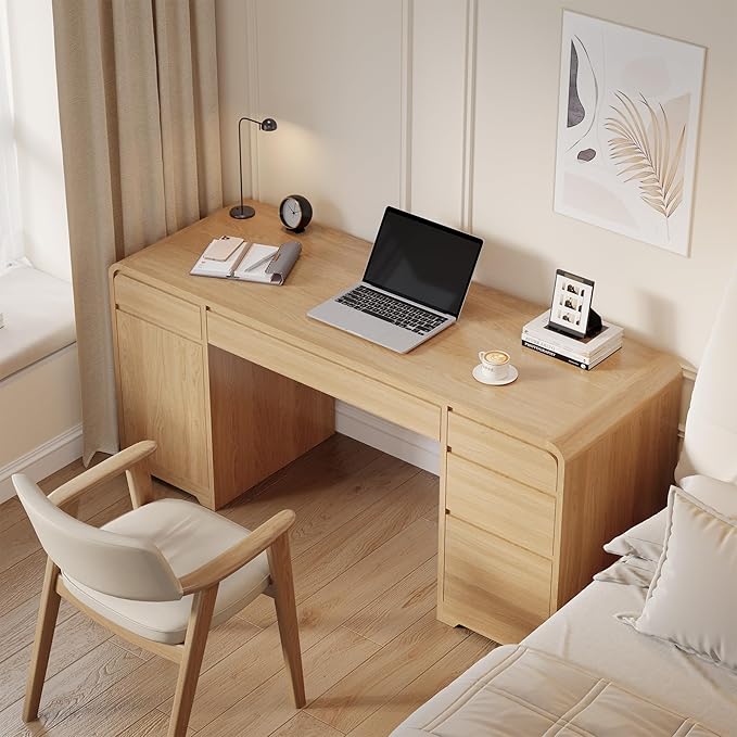 59-Inch Large Computer Desk with 5 Drawers and Storage Cabinet for Living Room Modern Wood Computer Desk for Home Office Bedroom Small Space Light Oak