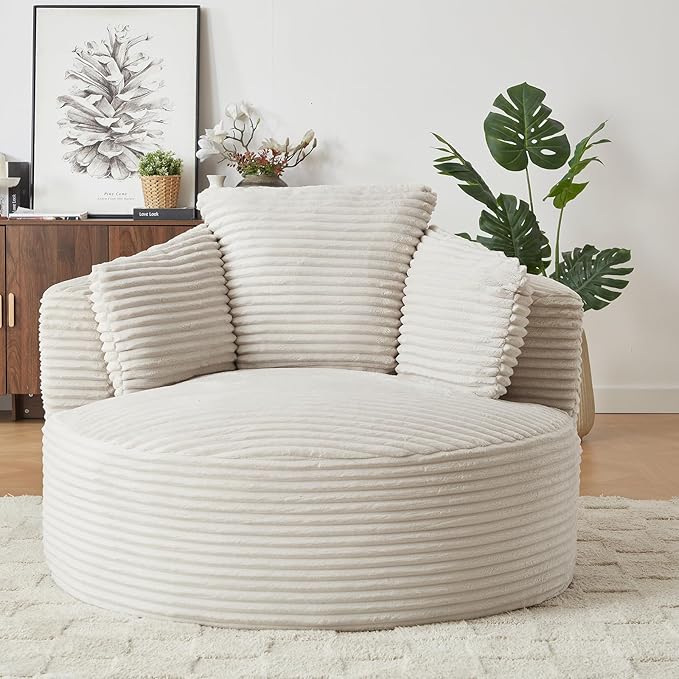 Round Chair Lounge Chaise Indoor 48.8 Oversized Sofa Chair Upholstered Corduroy Deep Seat Sleeper Sofa Bed No Assembly Required for Living Room Bedroom Apartment White
