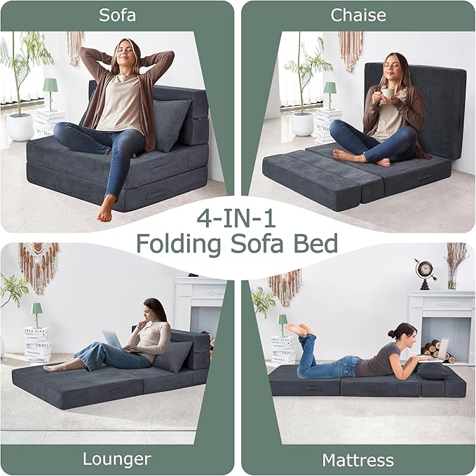 Folding Sofa Bed 4 in 1 Convertible Sleeper Chair with Pillow Twin Memory Foam Fold Out Chair Bed Modern Floor Futon Sofa Couch Mattress for Living Room/Guest/Apartment Dark Grey