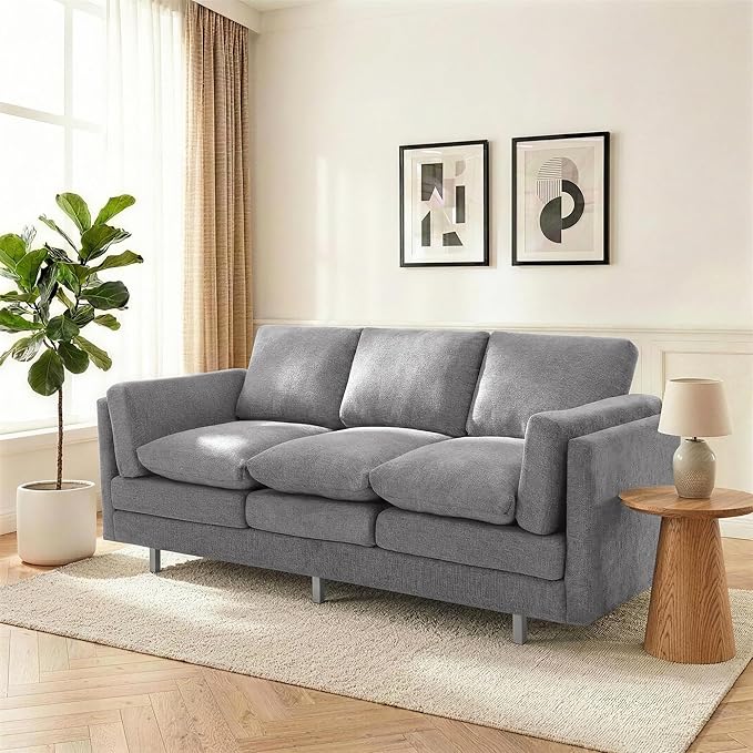 Christopher Knight Home Vincenzo 3 Seater Couch Chenille Upholstered Sofa Chair Metal Legs Couch Dual-Layer Cushions Armchair 79.5 Sectional Sofa Comfort Seating for Living Room Light Gray