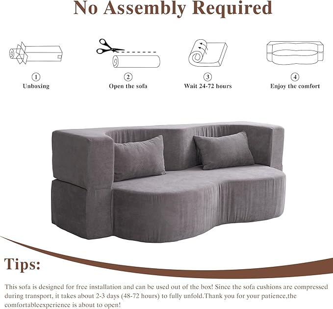 Convertible Sofa Bed 78'' Queen Size Folding Sleeper Sofa with Pillow 2-in-1 Teddy Fabric Boneless Loveseat Floor Couch &amp Mattress for Living Room Guest Room No Assembly Required (Grey)