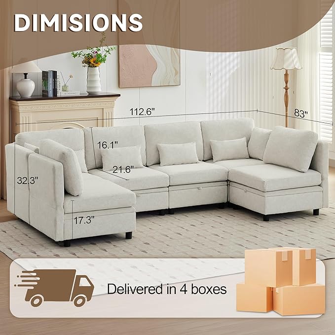 112 Modular Sectional Sofa with Storage-U Shaped Sectional Sofa for Living Room Convertible Cloud Sectional Couch with Chaise 6 Seat Couch with Cushions Adjustable Backrest Design Beige