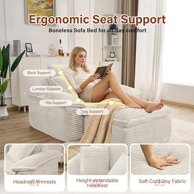 Boneless Sofa with Removable OttomanUpholstered Sofa Bed with PillowsPlush Faux Fur Lounge Reading Chairs with ArmrestsCloud Couches for Living RoomNo Assembly Required (White Single seat) | No A